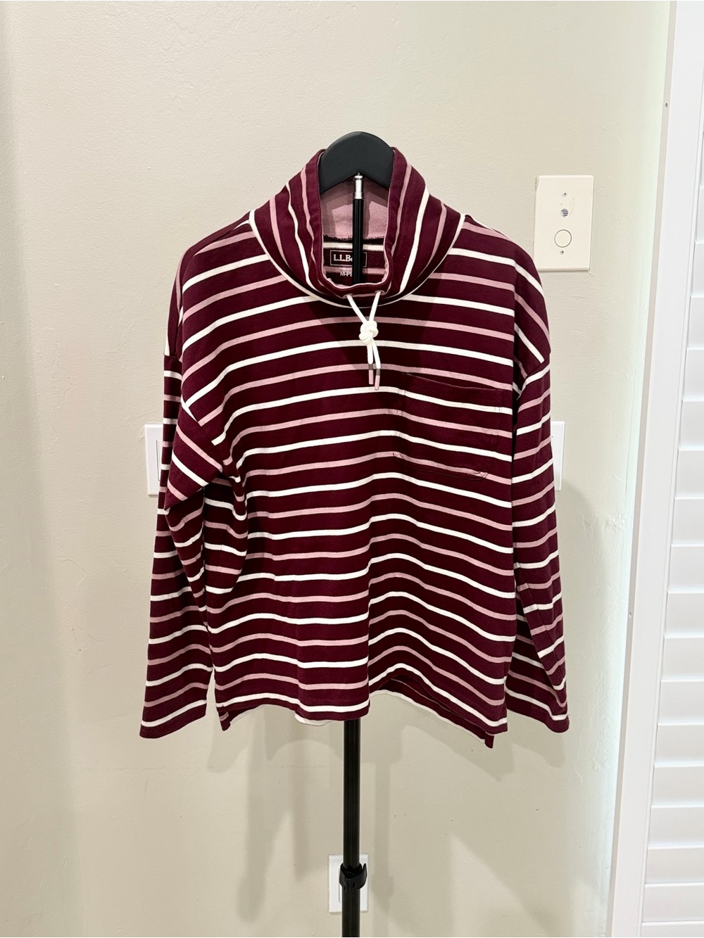 L.L.Bean Striped Cowl Neck Cotton Pullover Size M Petite Nautical Preppy